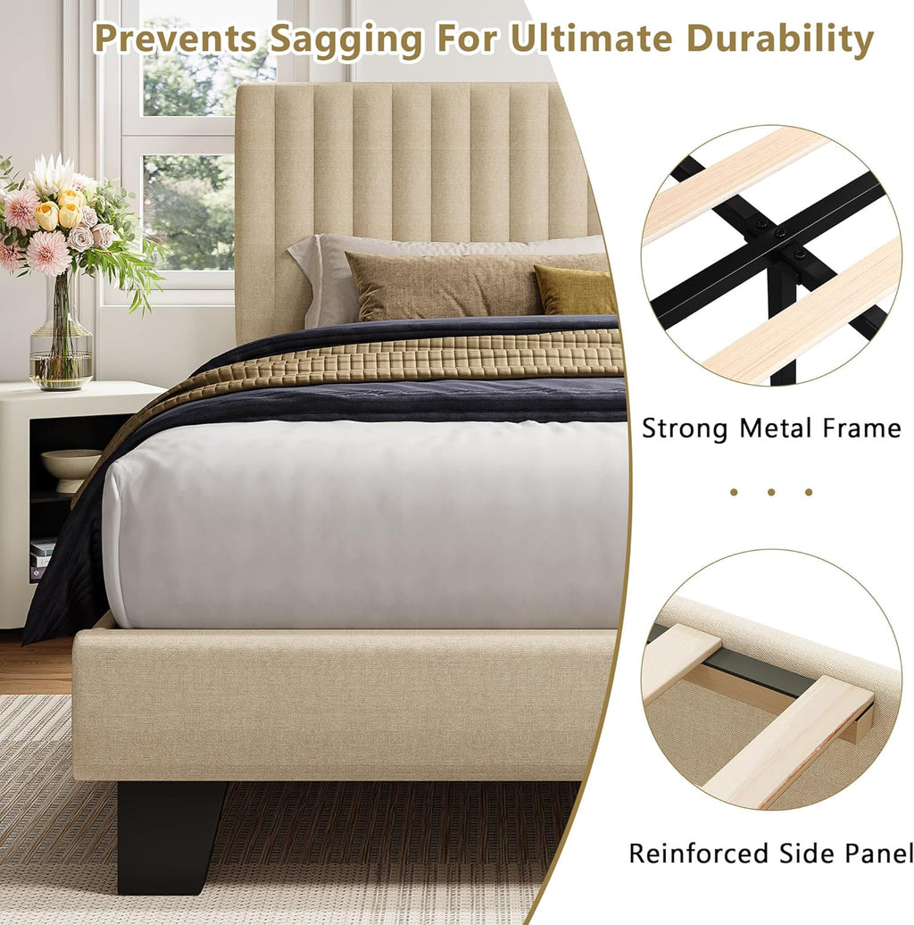 iPormis Queen Size Bed Frame, Upholstered Platform Bed with Vertical Linen Headboard, Wide Bed Legs and Strong Wood Slats Support, No Box Spring Needed, Easy Assembly, Noise Free, Beige