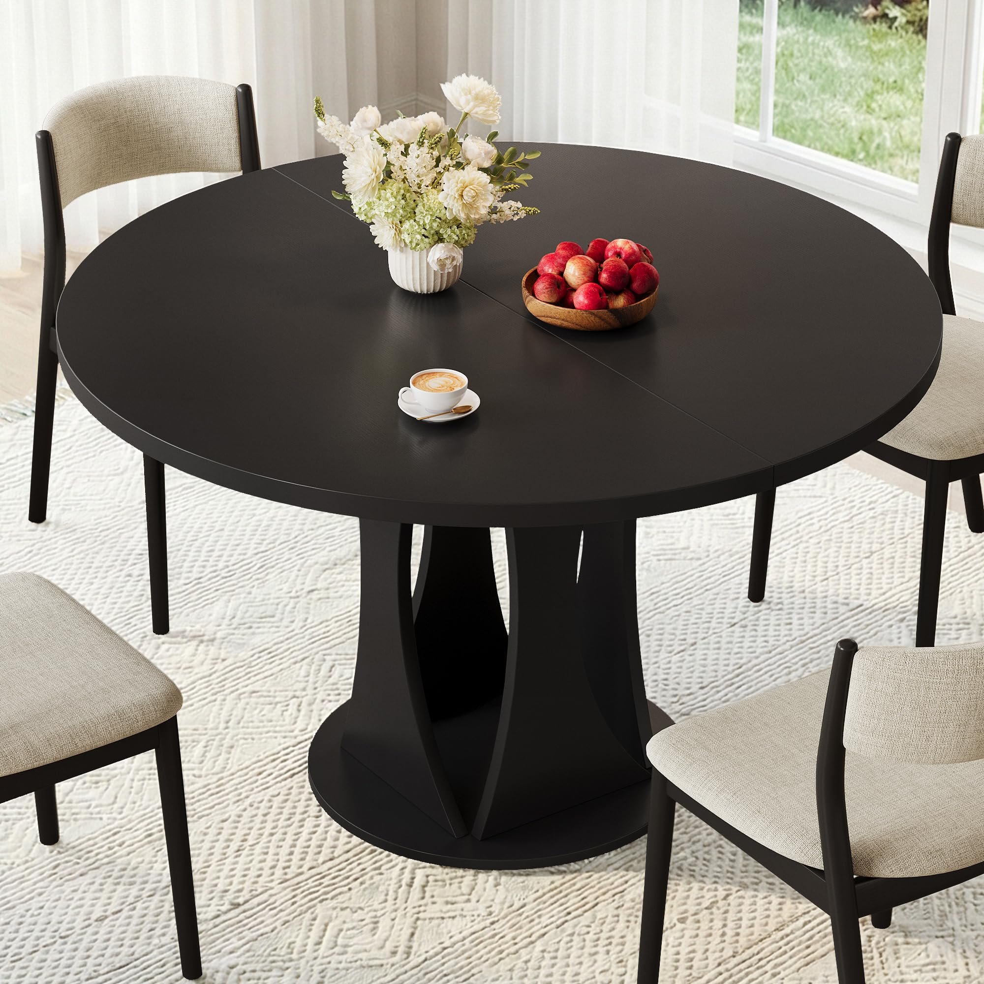 iPormis 43"-59" Extendable Dining Table, Round Kitchen Table with Modern Arcs Pedestal, Oval Dinner Table with Removable Leaves,Hidden Storage, for Kitchen, Dining Room, Living Room, Office, White