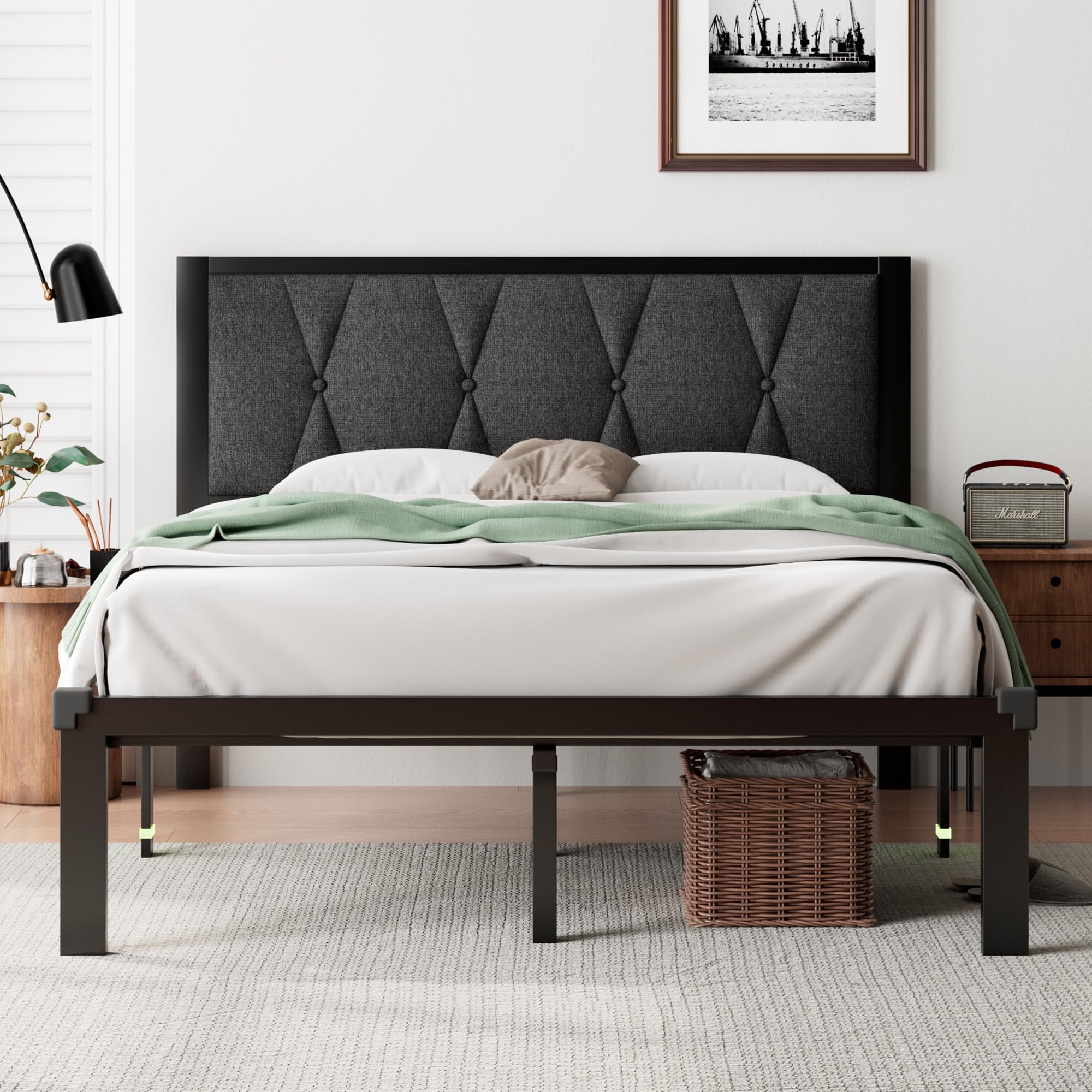 iPormis Twin Metal Bed Frame, Linen Platform Bed with Button Tufted Headboard, Heavy Duty Slats Support, 12" Under Bed Storage, No Box Spring Needed, Easy Assembly, Dark Gray