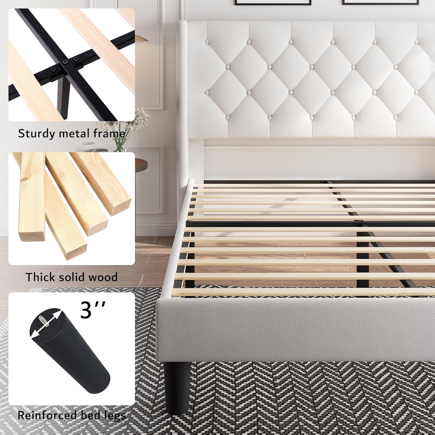 iPormis Queen Size Velvet Platform Bed Frame with Button Tufted Headboard, Upholstered Bed Frame with Solid Wooden Slats, 8" Underbed Space, No Box Spring Needed, Noise Free, Easy Assembly, White