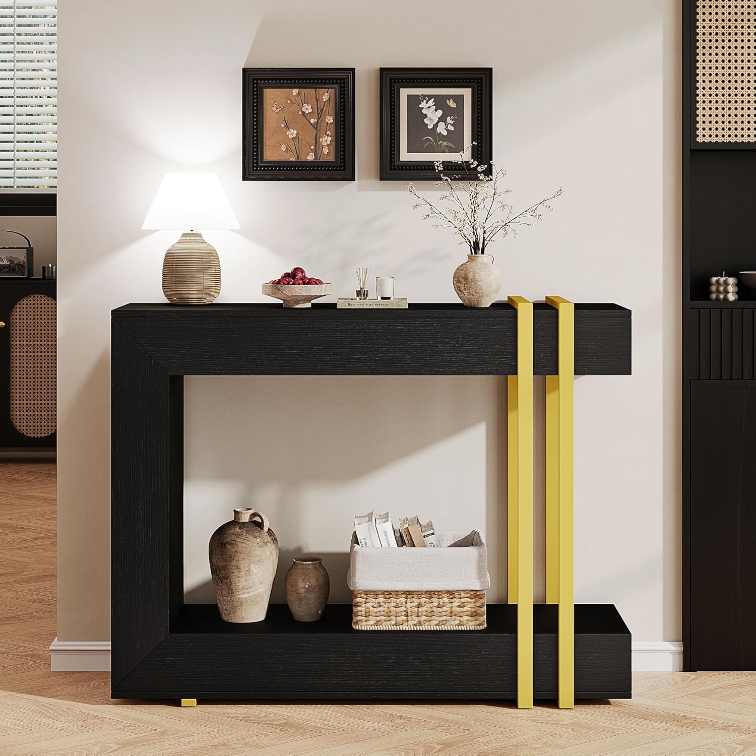 iPormis 42.5-Inch Console Table for Entryway, 2-Tier Sofa Table Behind Couch, Wood Entry Table with Storage & Metal Lines Base for Living Room, Hallway, Foyer, Black