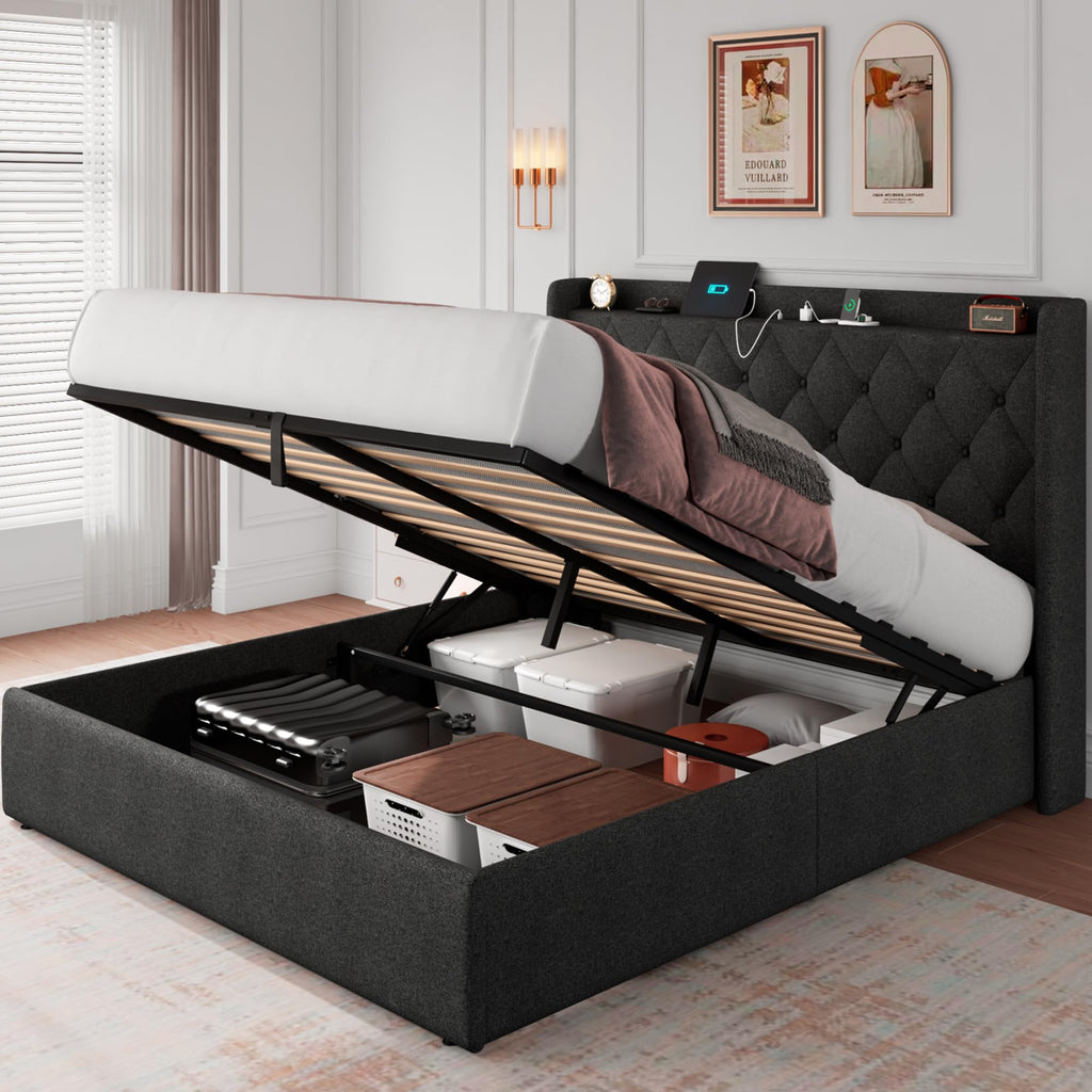 iPormis Queen Size Lift Up Storage Bed Frame with Charging Station, Upholstered Platform Bed Frame with Tufted Headboard, Hydraulic Storage, No Box Spring Needed, Noise-Free, Easy Assembly, Beige