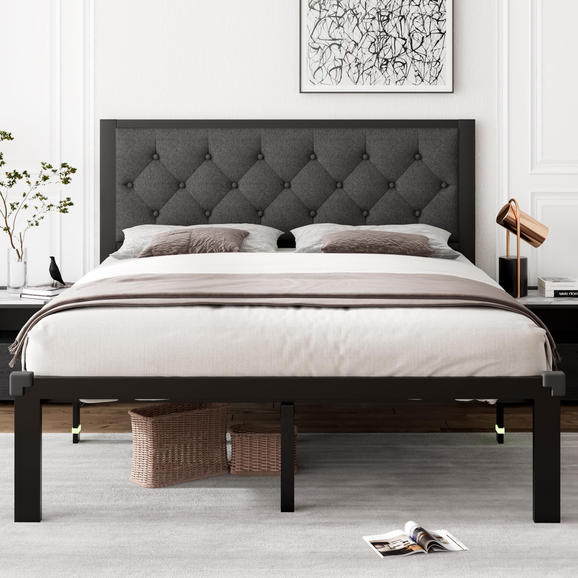 iPormis Twin Size Metal Bed Frame, Faux Leather Platform Bed Frame with Button Tufted Headboard, 12" Underbed Space, Steel Slats Support, Easy Assembly, No Box Spring Needed, Black