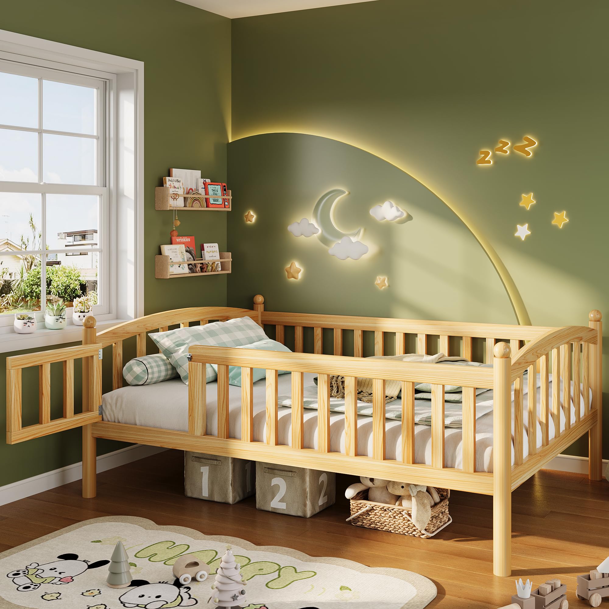 iPormis Twin Floor Bed with High Rails, Montessori Bed Frame with Wood Slats and Door, Montessori Floor Bed Twin for Kids, Girls, Boys, Easy Assembly, Natural