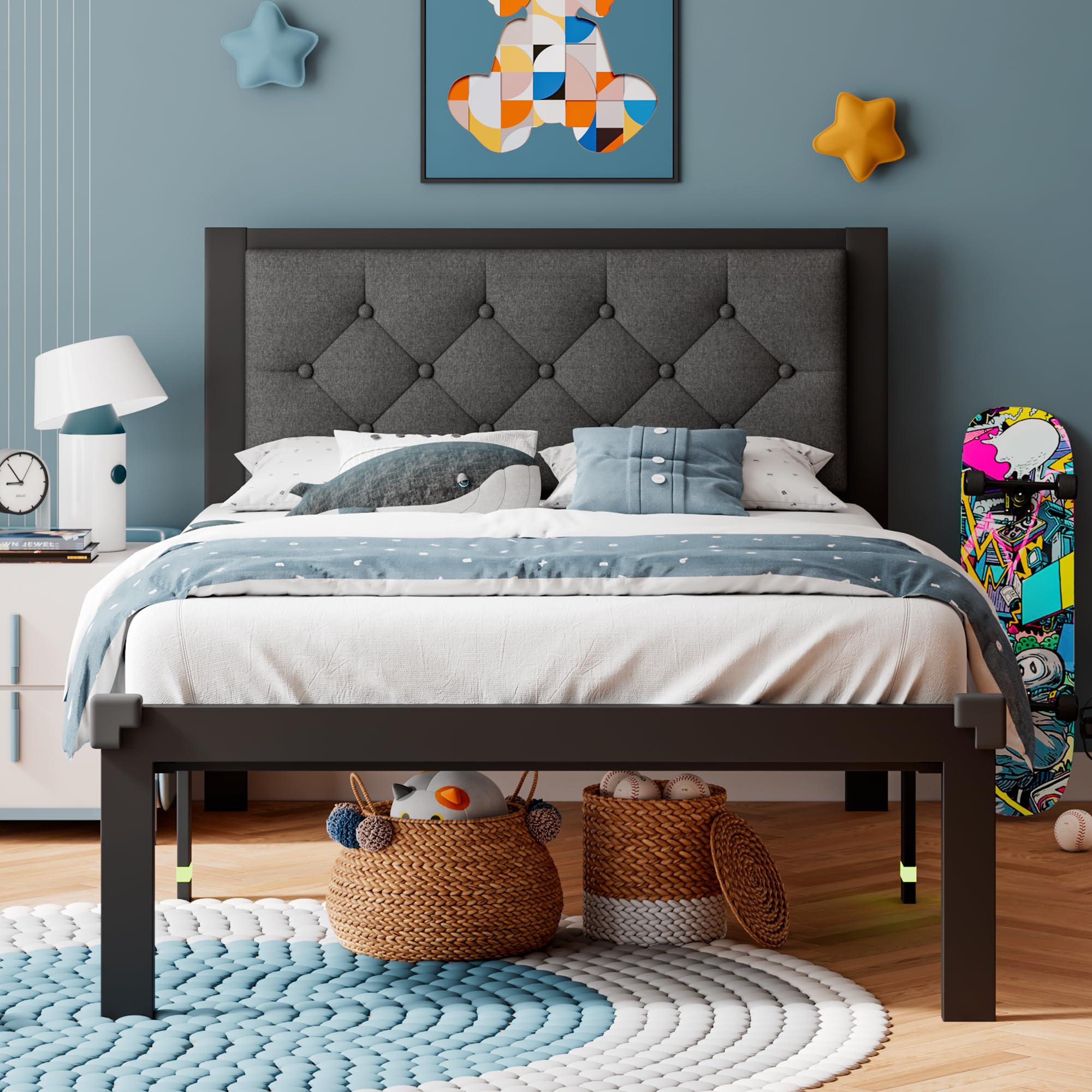 iPormis Twin Size Metal Bed Frame, Faux Leather Platform Bed Frame with Button Tufted Headboard, 12" Underbed Space, Steel Slats Support, Easy Assembly, No Box Spring Needed, Black