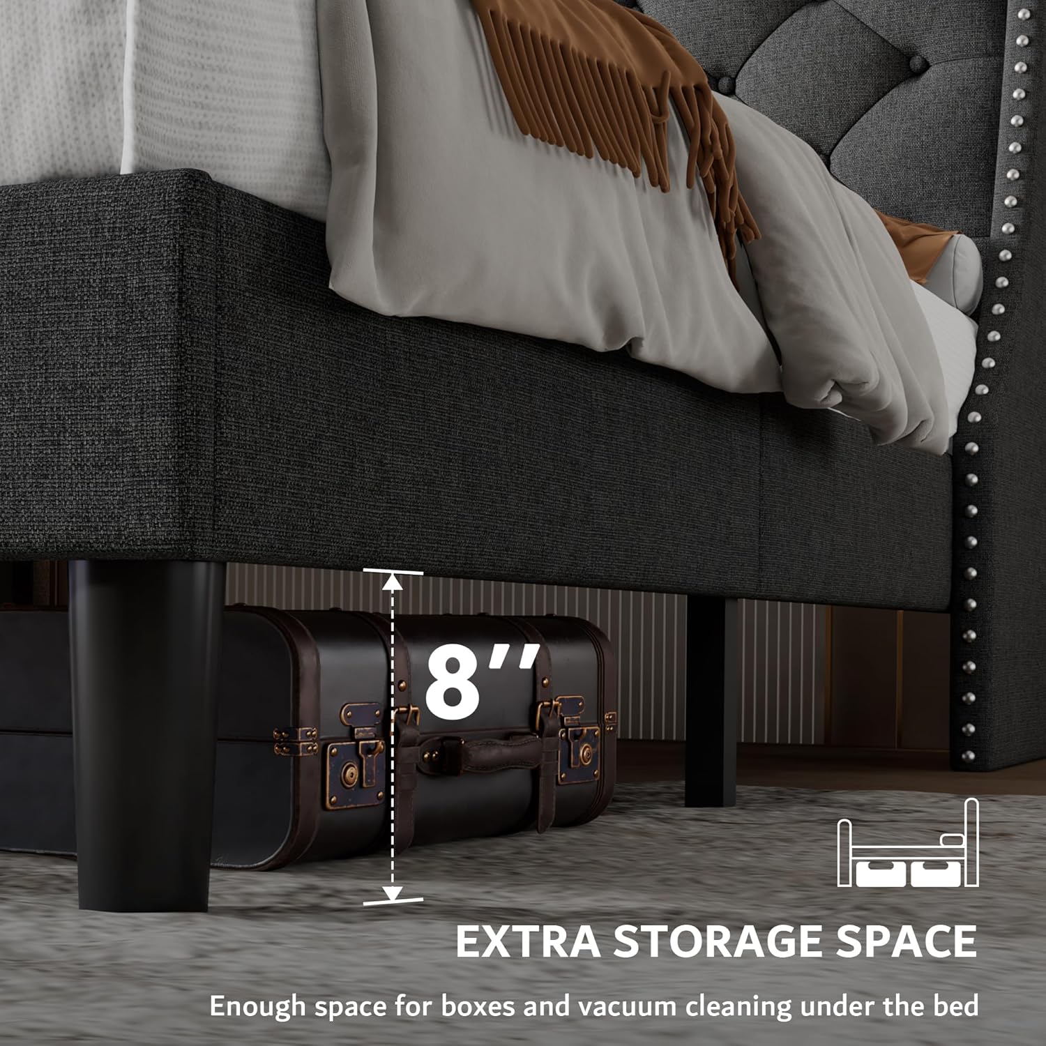 iPormis Queen Bed Frame with 16" Comfort Wingback & Charging Station, Upholstered Platform Bed with Button Tufted Storage Headboard, Solid Wood Slats Support, No Box Spring Needed, Dark Grey