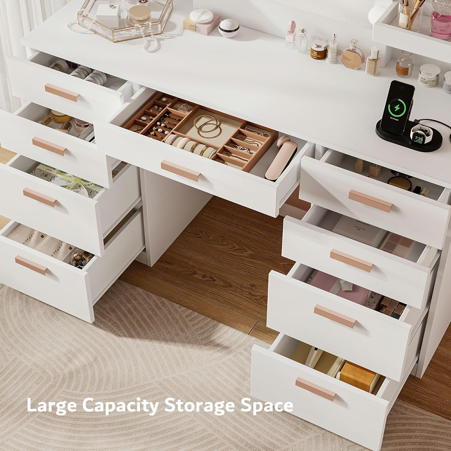 iPormis Vanity Desk with Mirror and Lights, White Makeup Vanity Table with 9 Drawers 6 Shelves, 47" Big Dressing Table with Power Outlet, 3 Adjustable Lighting Modes for Women Girls Bedroom