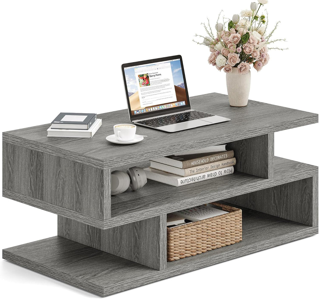 iPormis 41.3" Coffee Table with 3-Tier Storage Space, Modern Coffee Table with Geometric Design for Living Room, Apartment, Home Office, Easy Assembly, Elegant Grey
