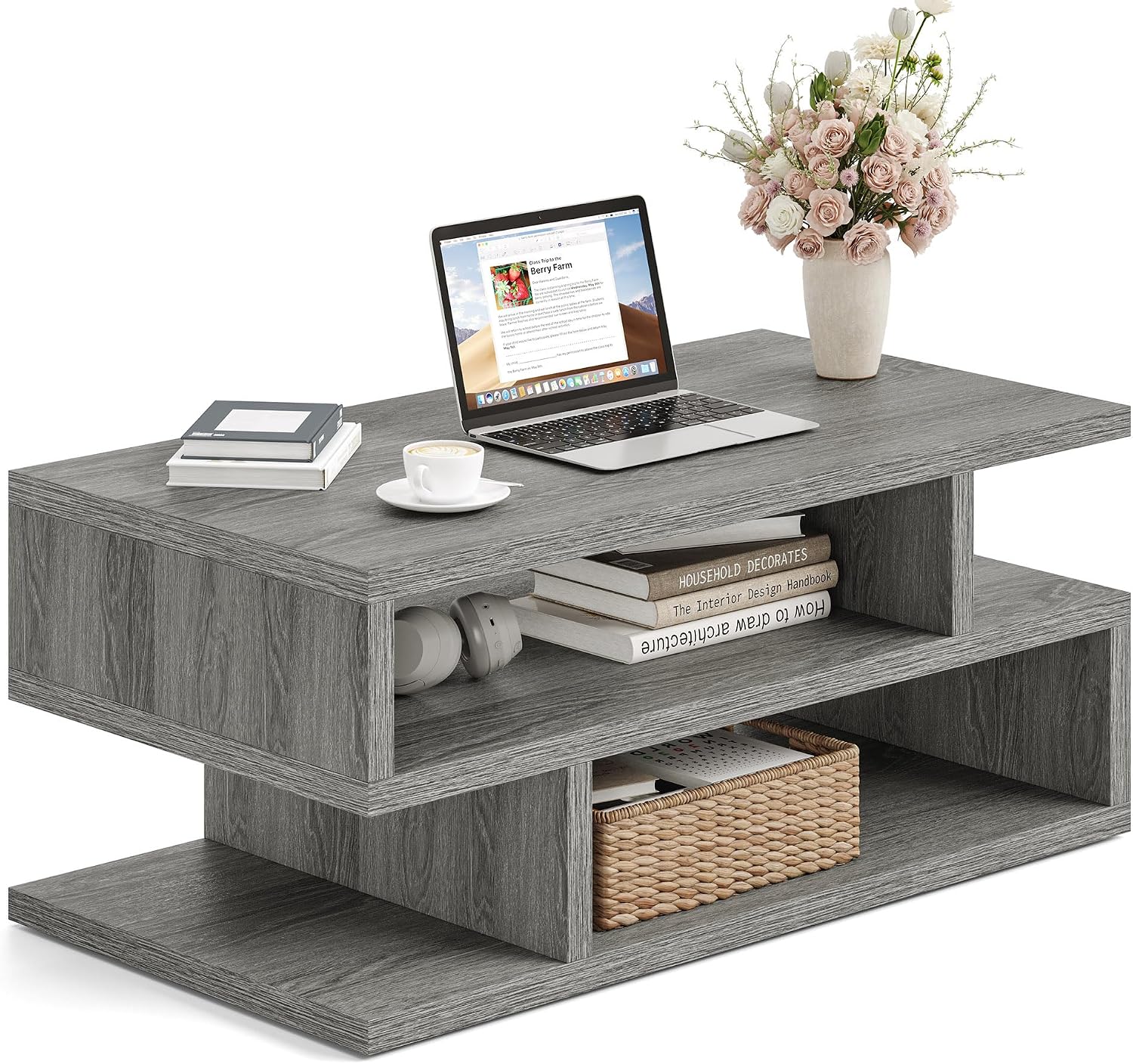 iPormis 41.3" Coffee Table with 3-Tier Storage Space, Modern Coffee Table with Geometric Design for Living Room, Apartment, Home Office, Easy Assembly, Elegant Grey