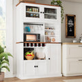 71" Ipromis kitchen pantry cabinet with microwave stand, wine rack, glass doors, and adjustable shelves in farmhouse style.