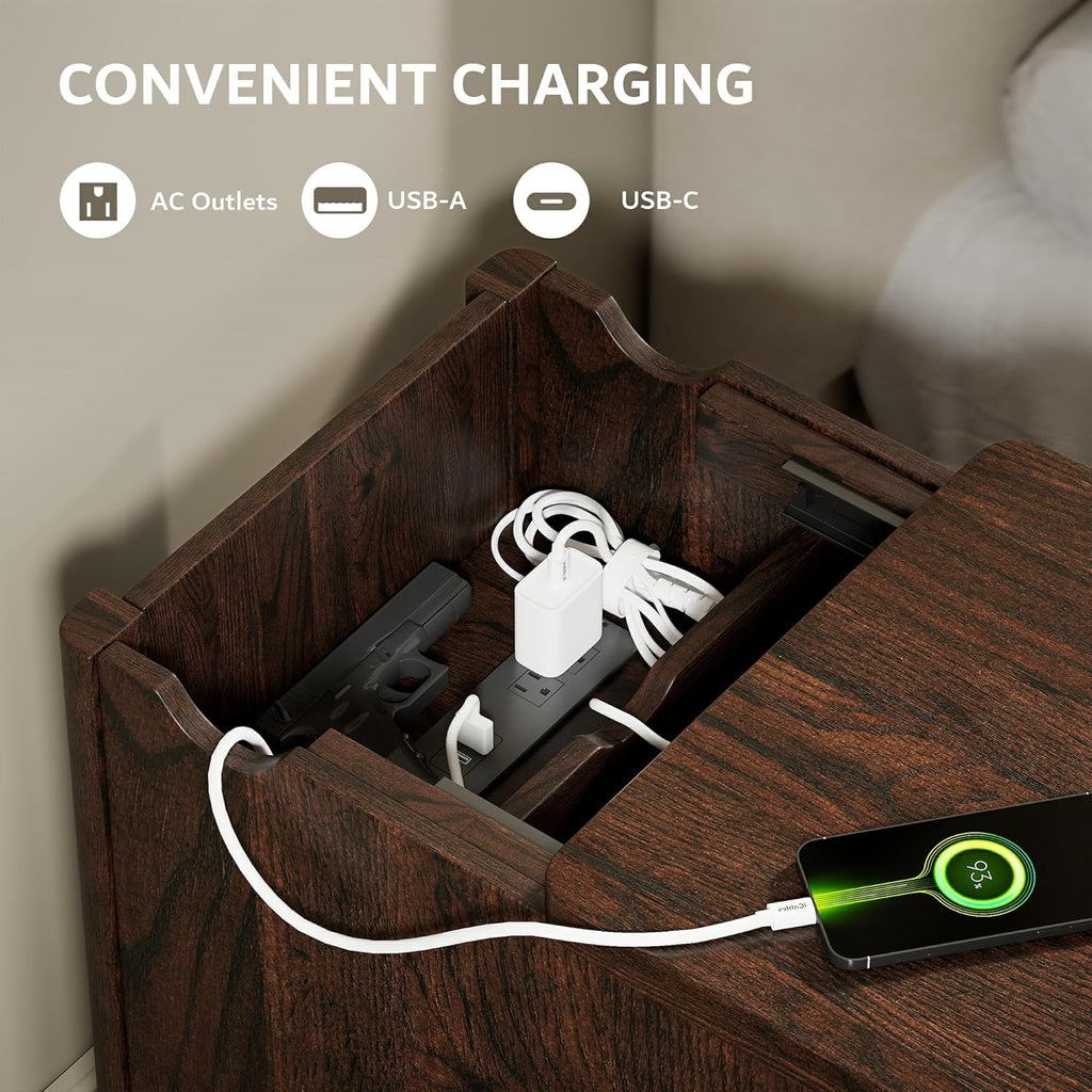 iPormis End Table with Charging Station, Narrow Side Table for Living Room, Farmhouse Night Stand with Storage Cabinet, Wood Bedside Table for Bedroom Small Space, Walnut