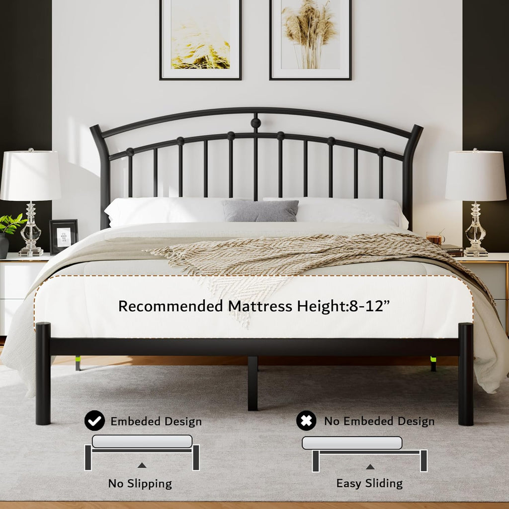 iPormis Queen Size Metal Platform Bed Frame with Modern Iron-Art Headboard/Heavy Duty Steel Slats Support/Under Bed Storage/No Box Spring Needed/Easy Assembly/Noise-Free/Black
