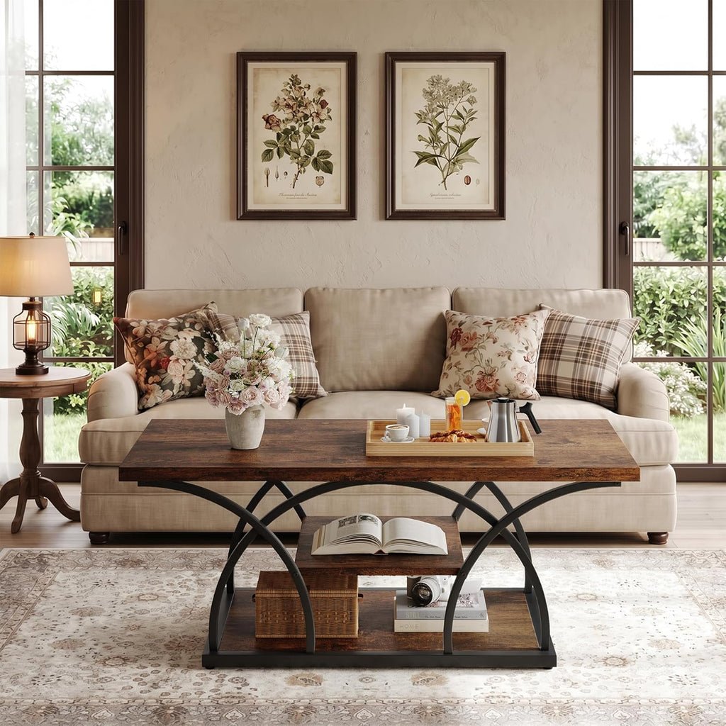 iPormis Rustic Coffee Table with Storage, 3 Tier Center Living Room Tables, 47 Inches Industrial Wood Rectangle Cocktail Tea Accent Table, Semicircle Metal Frame, Brown