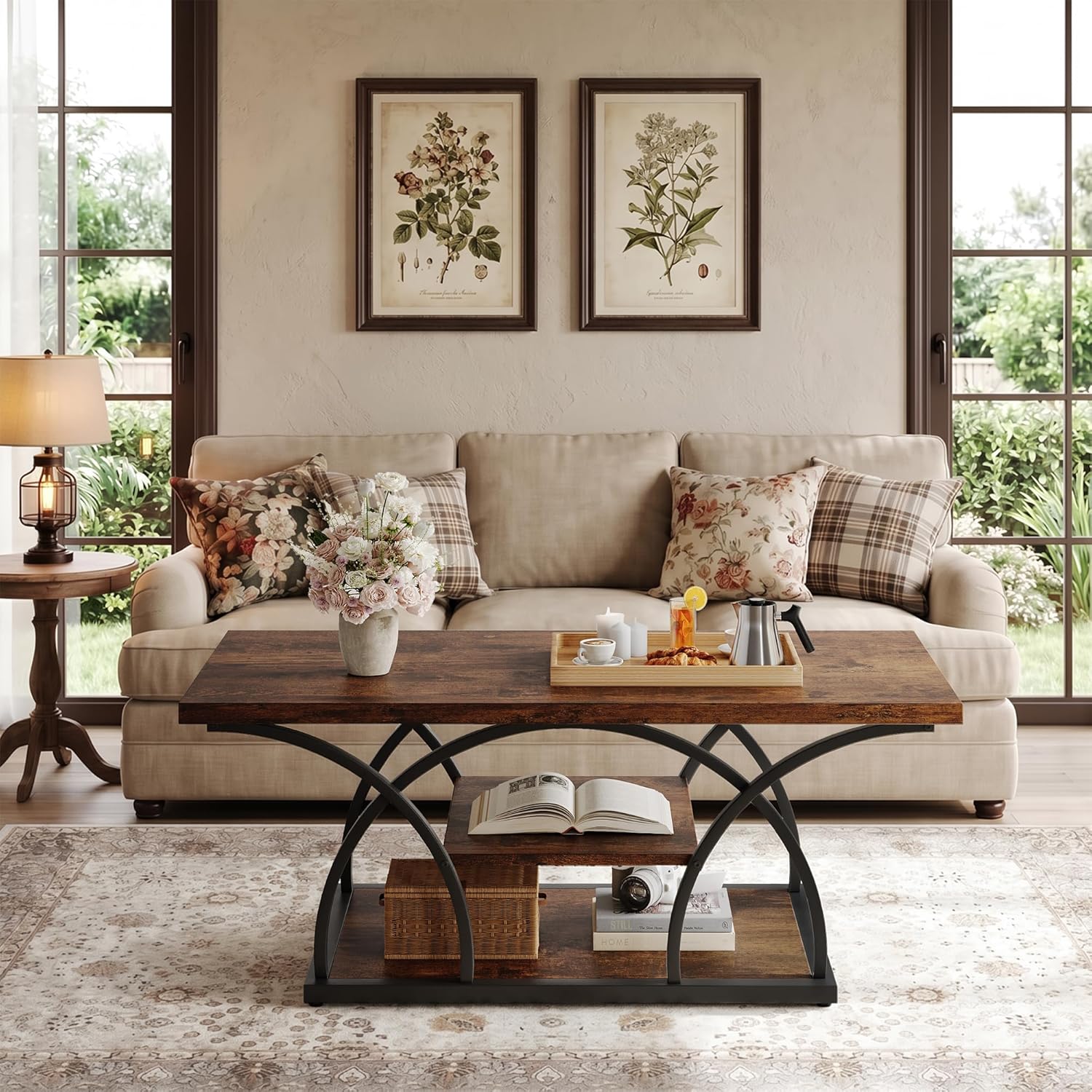iPormis Rustic Coffee Table with Storage, 3 Tier Center Living Room Tables, 47 Inches Industrial Wood Rectangle Cocktail Tea Accent Table, Semicircle Metal Frame, Brown