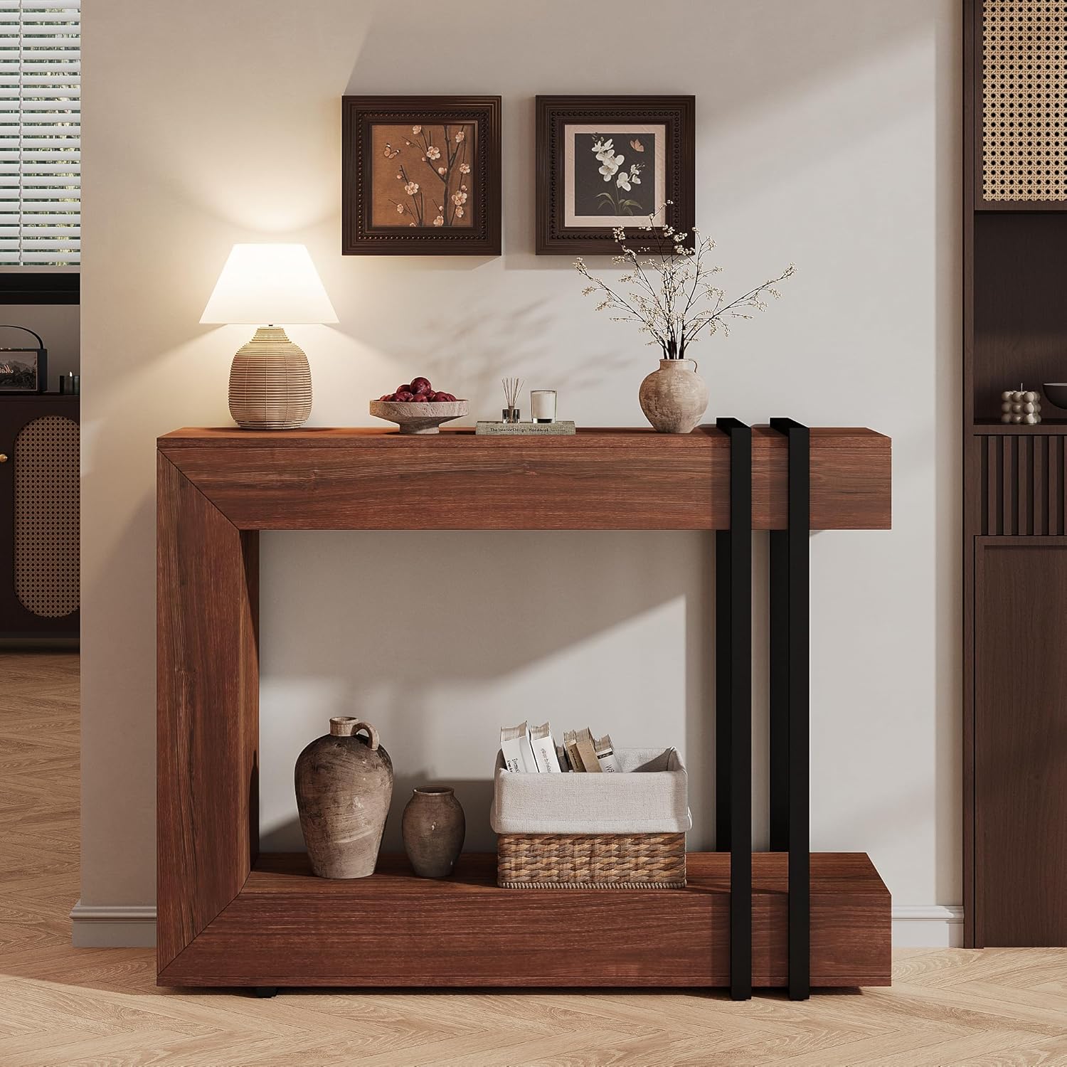 iPormis 42.5-inch console table with two tiers, designed for entryway or behind couch, showcasing wood finish and modern style.