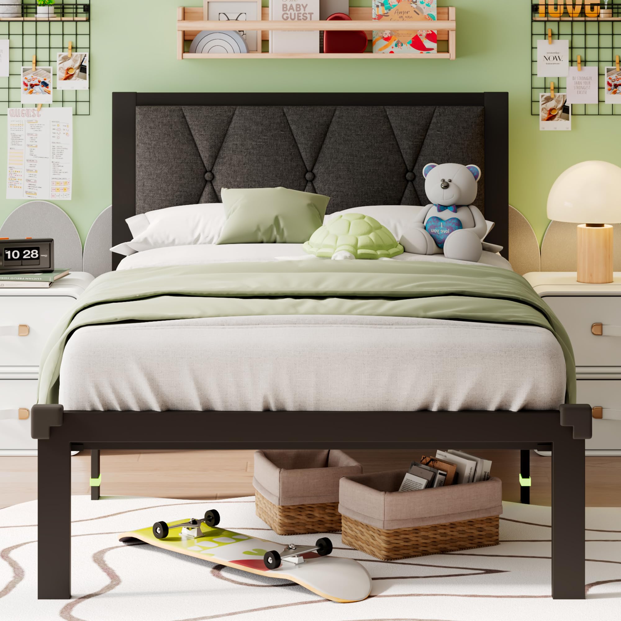 iPormis Queen Metal Bed Frame, Linen Button Tufted Headboard Platform Bed, Heavy Duty Slats Support, 12" Under Bed Storage, No Box Spring Needed, Easy Assembly, Dark Gray