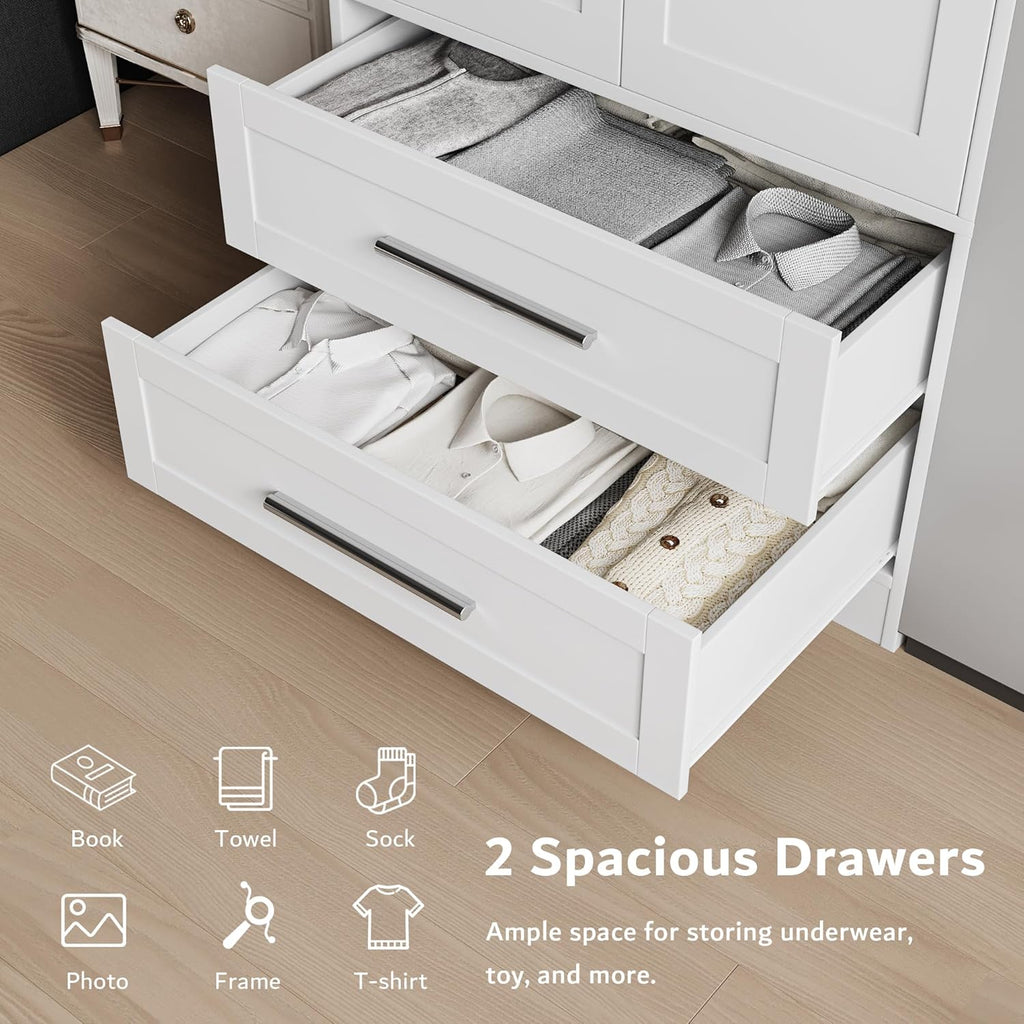 Modern Ipromis armoire wardrobe closet with doors and two drawers for stylish clothing storage in a bedroom setting.