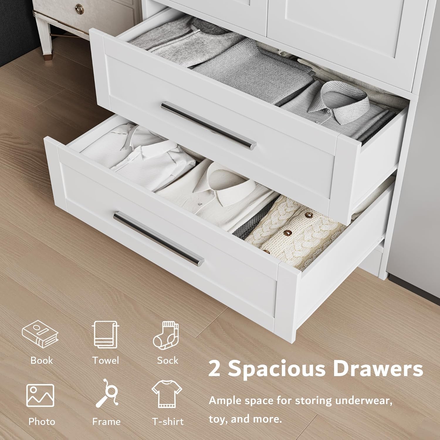 Modern Ipromis armoire wardrobe closet with doors and two drawers for stylish clothing storage in a bedroom setting.