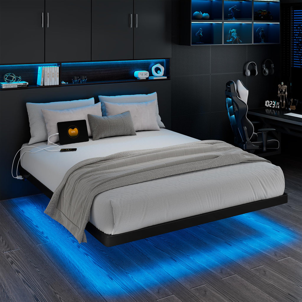 iPormis Full Size Floating Bed Frame with Charging Station and Led Light, Platform Metal Bed Frame with Heavy Duty Steel Slats Support, No Box Spring Needed, Noise-Free, Easy Assembly, Black