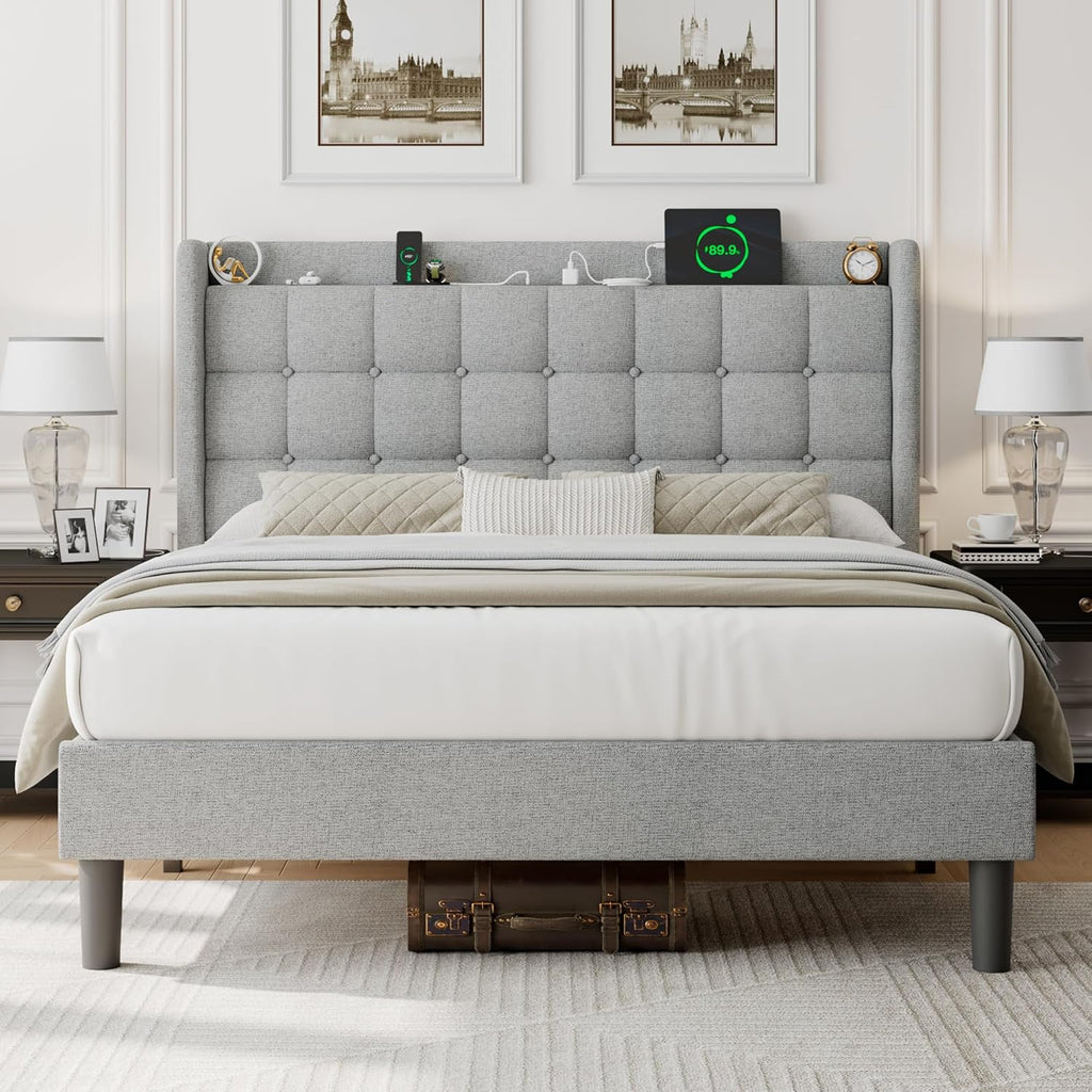 iPormis Queen Bed Frame with Charging & Storage, Upholstered Platform Bed with Button Tufted Wingback Headboard, Heavy-Duty Foundation, No Box Spring Needed, Light Grey