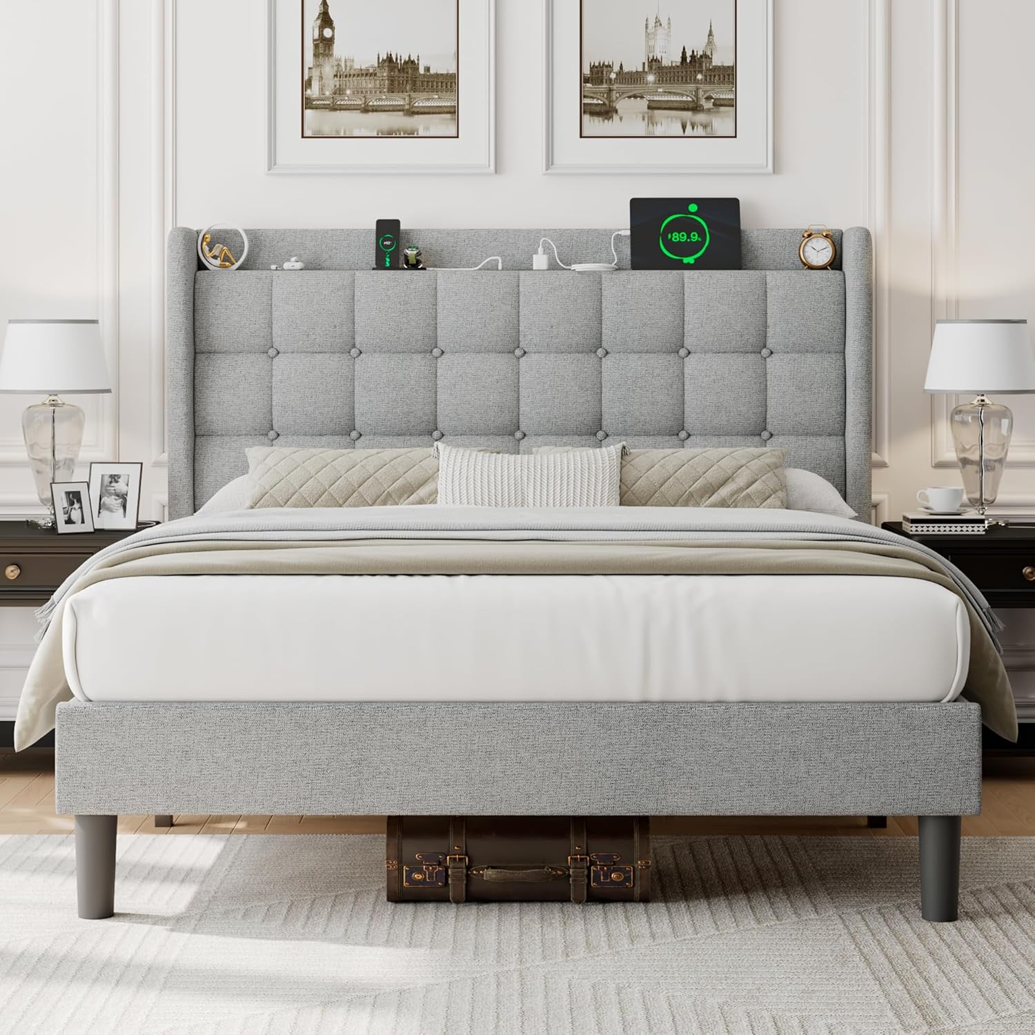 iPormis Queen Bed Frame with Charging & Storage, Upholstered Platform Bed with Button Tufted Wingback Headboard, Heavy-Duty Foundation, No Box Spring Needed, Light Grey