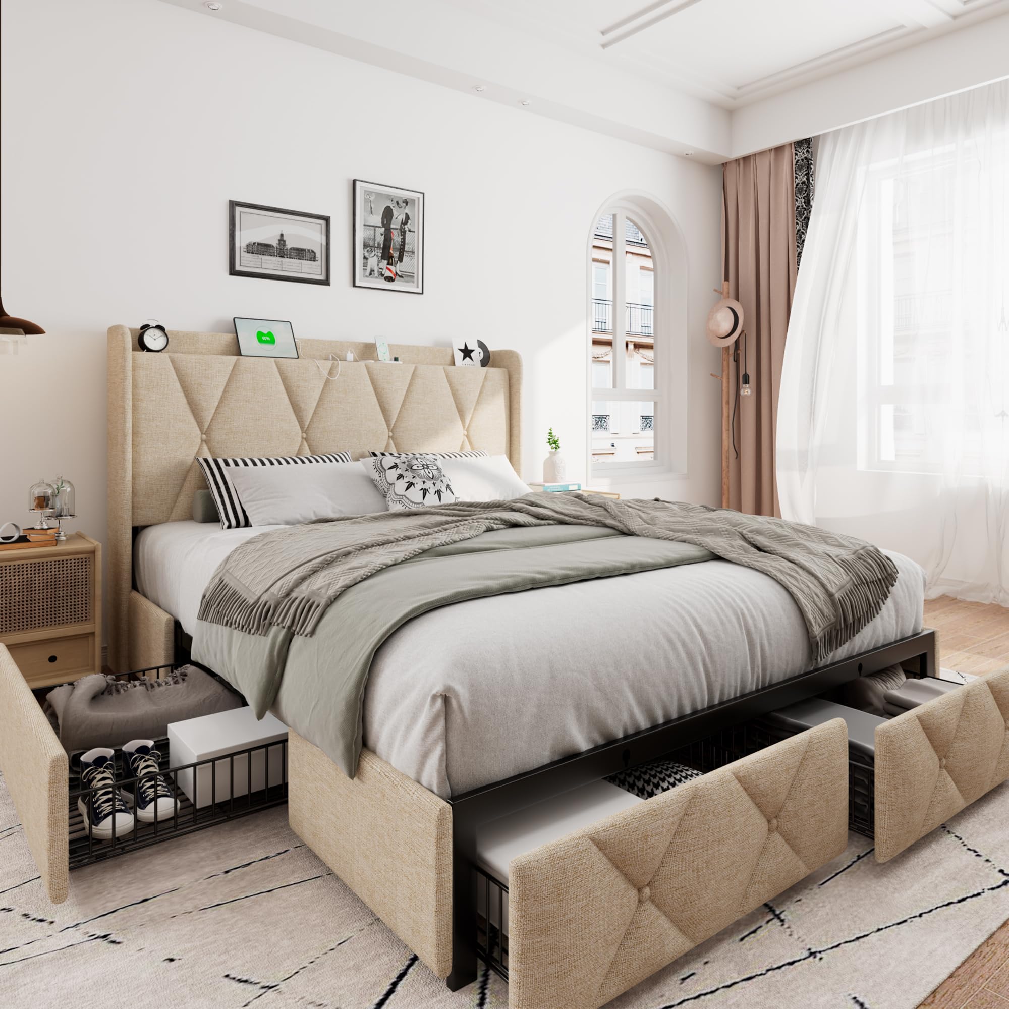 iPormis Queen Bed Frame with 4 Storage Drawers, Upholstered Platform Bed Frame with Charging Station, Modern Wingback Storage Headboard, Easy Assembly, Light Grey