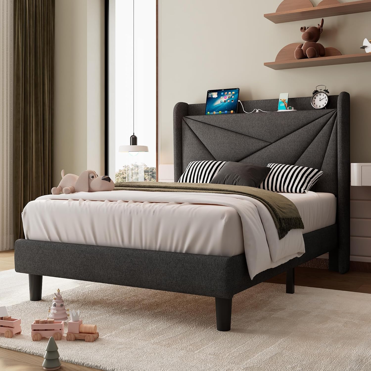 iPormis Twin Size Bed Frame with Charging Station, Linen Platform Bed Frame with Wingback Upholstered Headboard, Solid Wood Slats Support, No Box Spring Needed, Easy Assembly, Dark Grey