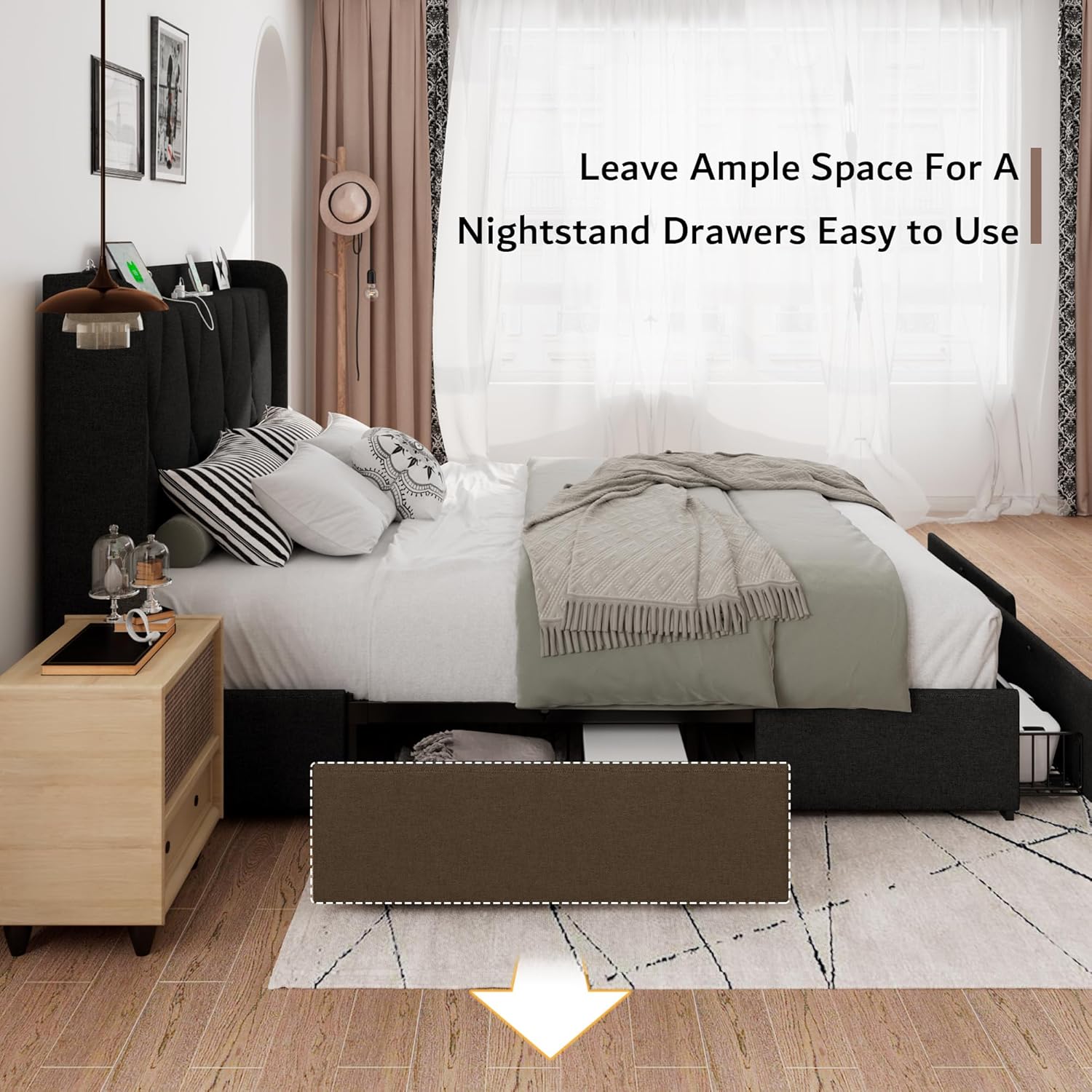 iPormis Queen Bed Frame with 4 Storage Drawers, Upholstered Platform Bed Frame with Charging Station, Modern Wingback Storage Headboard, Easy Assembly, Black
