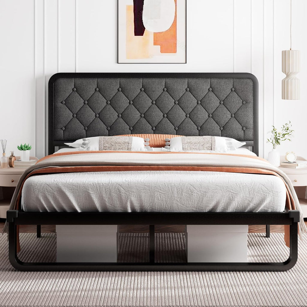 iPormis Full Bed Frame with Headboard Faux Leather Upholstered Bed Frame Platform, All Metal Slats Support Platform Bed Frame with 12" Under Bed Space, Noise Free, No Box Spring Needed, Dark Grey