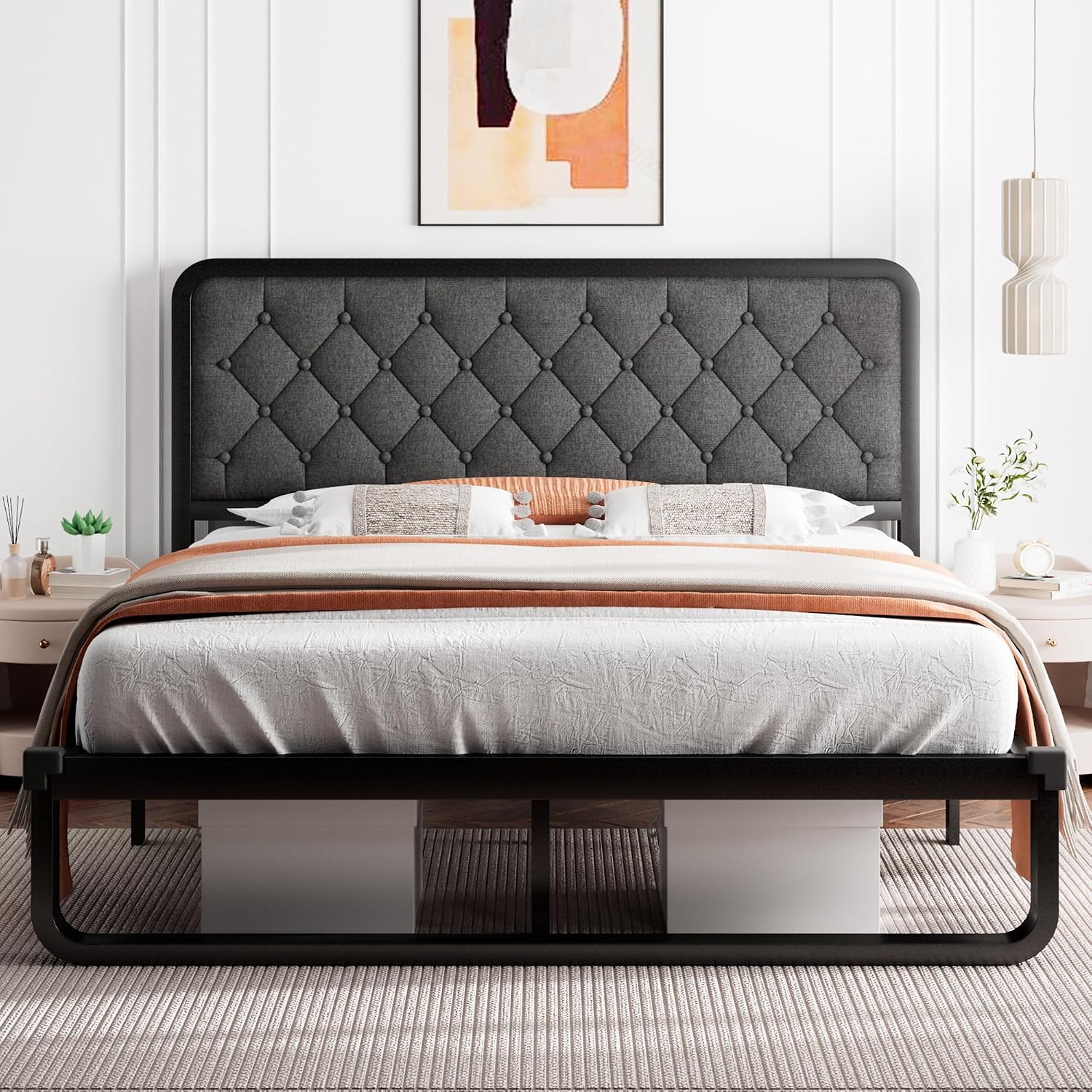 iPormis Full Bed Frame with Headboard Faux Leather Upholstered Bed Frame Platform, All Metal Slats Support Platform Bed Frame with 12" Under Bed Space, Noise Free, No Box Spring Needed, Dark Grey