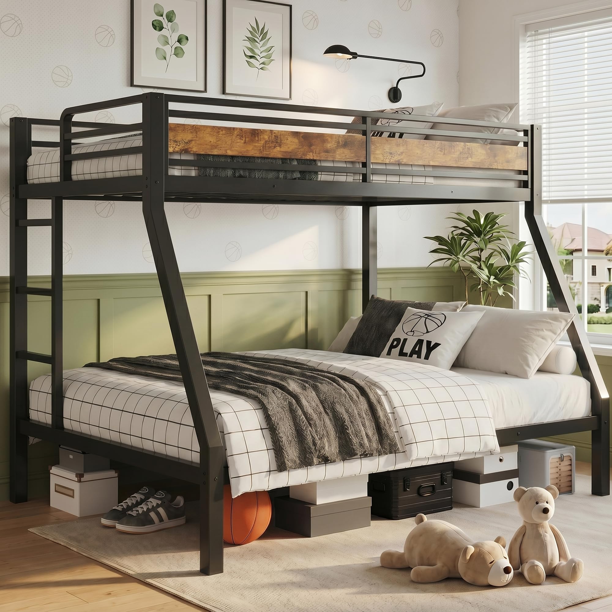 iPormis Heavy Duty Twin Over Full Bunk Beds, Metal Twin Bunk Bed Frame with 12.8" Guardrails, Loft Bed Frame for Kids and Teens, Reversible Ladder, Under Bed Storage Space, No Box Spring Needed, Black