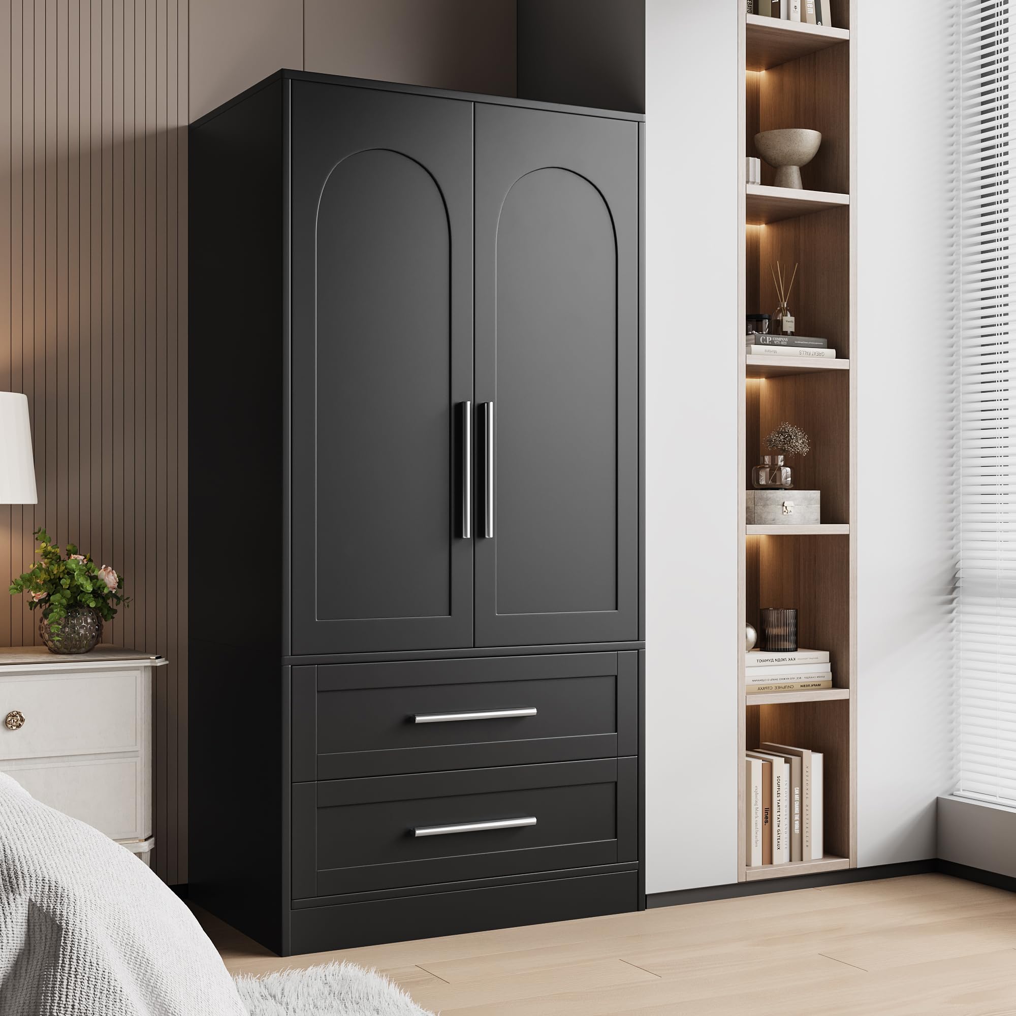 Modern Ipromis armoire wardrobe closet with two drawers and doors, showcasing clothing storage in a wooden design.