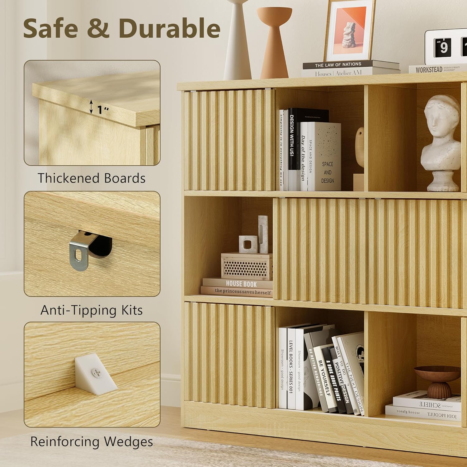 iPormis Bookcase with 12 cube storage, featuring 6 fluted sliding doors in oak finish, arranged in a modern design.
