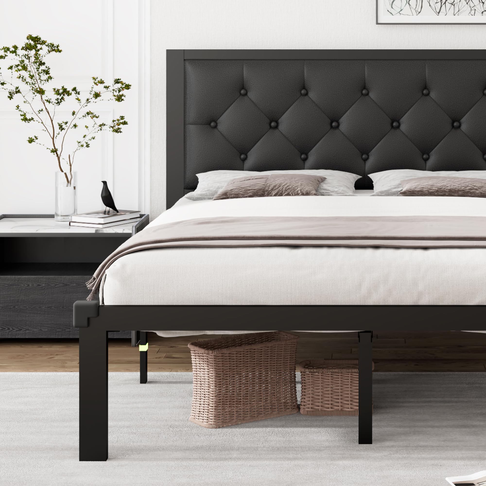 iPormis Twin Size Metal Bed Frame, Faux Leather Platform Bed Frame with Button Tufted Headboard, 12" Underbed Space, Steel Slats Support, Easy Assembly, No Box Spring Needed, Black