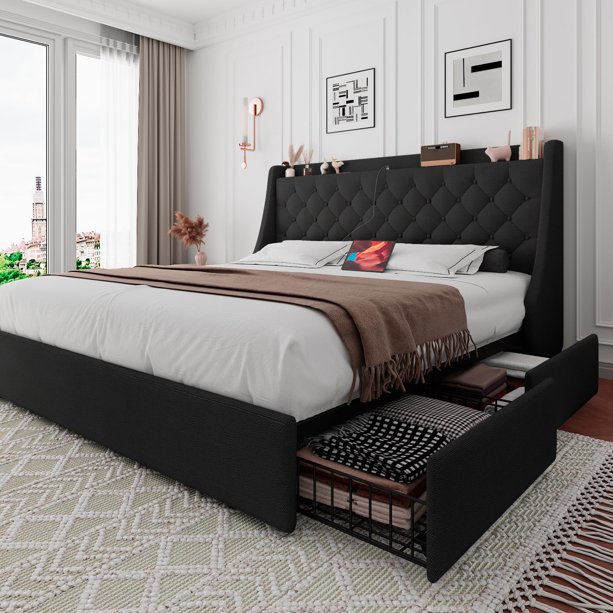 iPormis Queen Bed Frame with 4 Storage Drawers, Upholstered Platform Bed Frame with Type-C & USB Ports, Wingback Storage Headboard, Solid Wood Slats, No Box Spring Needed, Dark Gray