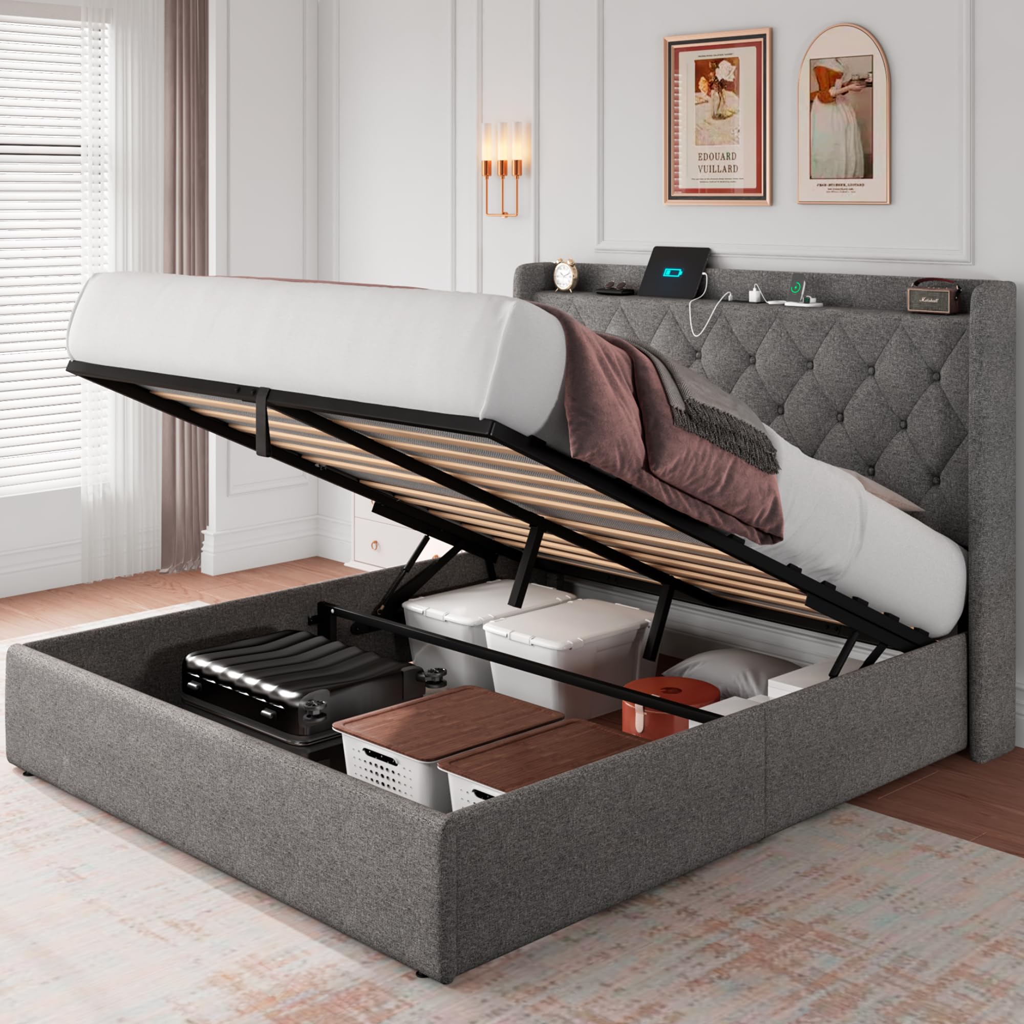 iPormis Queen Size Lift Up Storage Bed Frame with Charging Station, Upholstered Platform Bed Frame with Tufted Headboard, Hydraulic Storage, No Box Spring Needed, Noise-Free, Easy Assembly, Beige