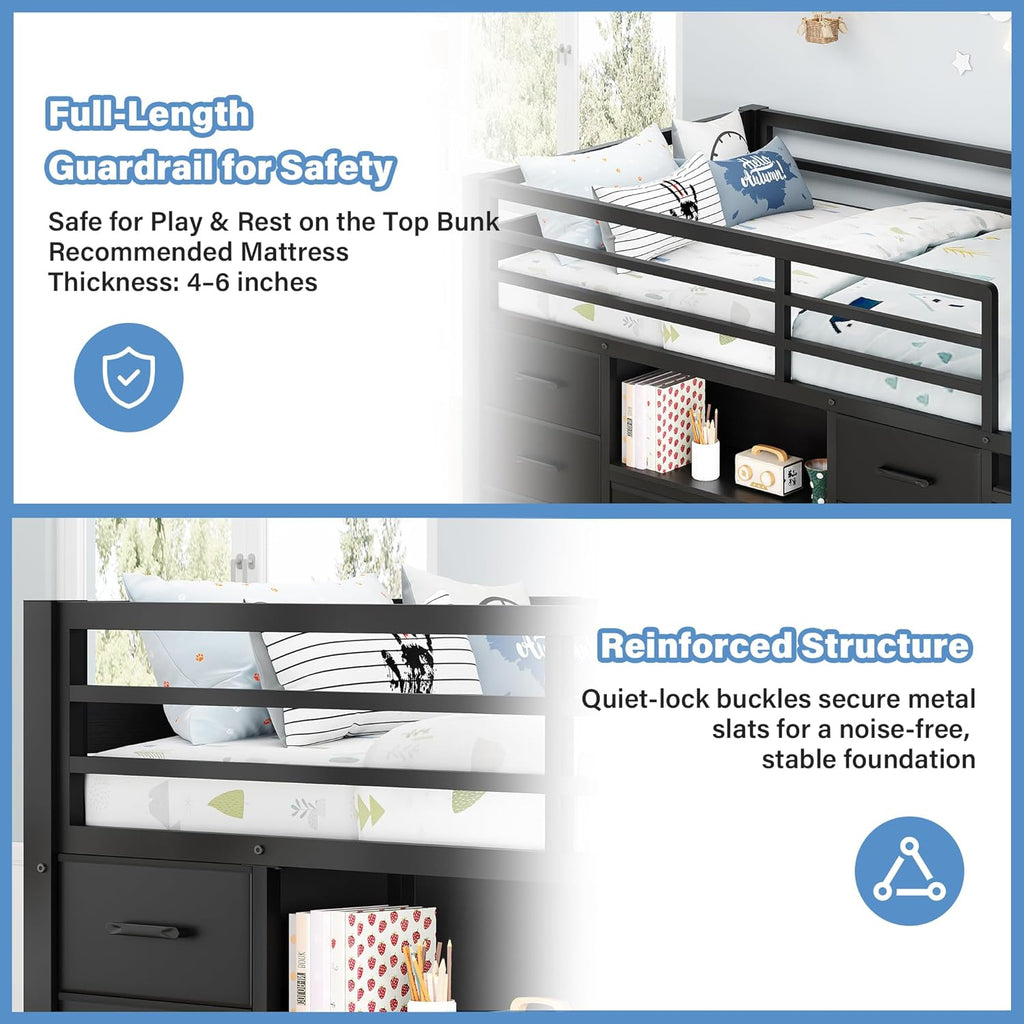 iPormis Low Loft Bed Twin Size with Bookcase, 8 Storage Drawers, Metal Kids Loft Bed with 13 Inch H Safety Guardrail, Play Curtain, Under-Bed Play Space - Black