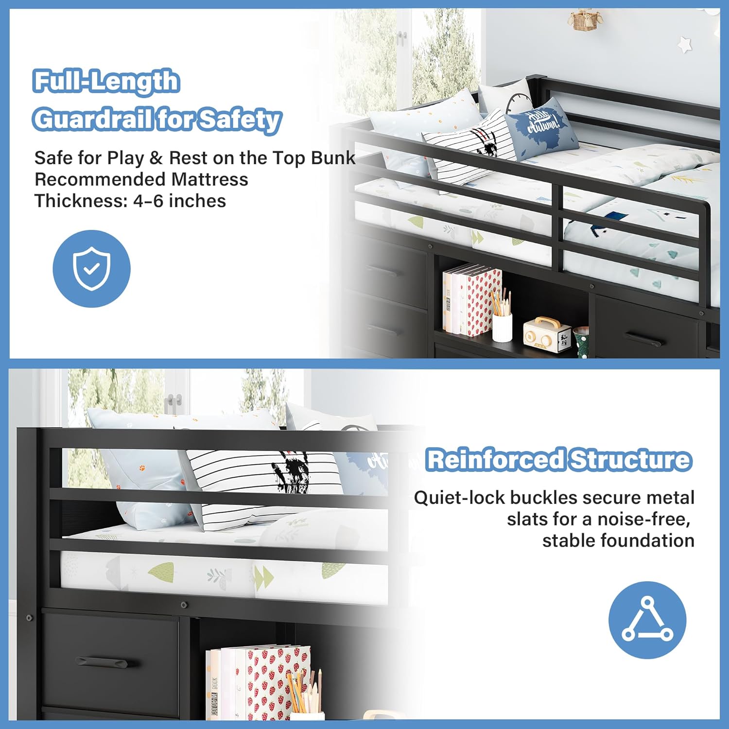 iPormis Low Loft Bed Twin Size with Bookcase, 8 Storage Drawers, Metal Kids Loft Bed with 13 Inch H Safety Guardrail, Play Curtain, Under-Bed Play Space - Black