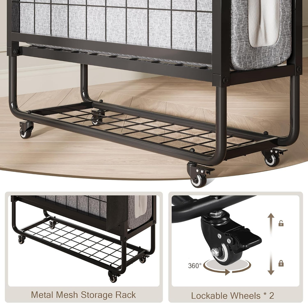 iPormis Folding Bed with Mattress, 76" x 38" Portable Foldable Bed with Side Pocket & Storage Shelf, Twin Rollaway Beds for Adults, Folded Up Beds w/Sturdy Metal Frame for Guestroom, Space Saving