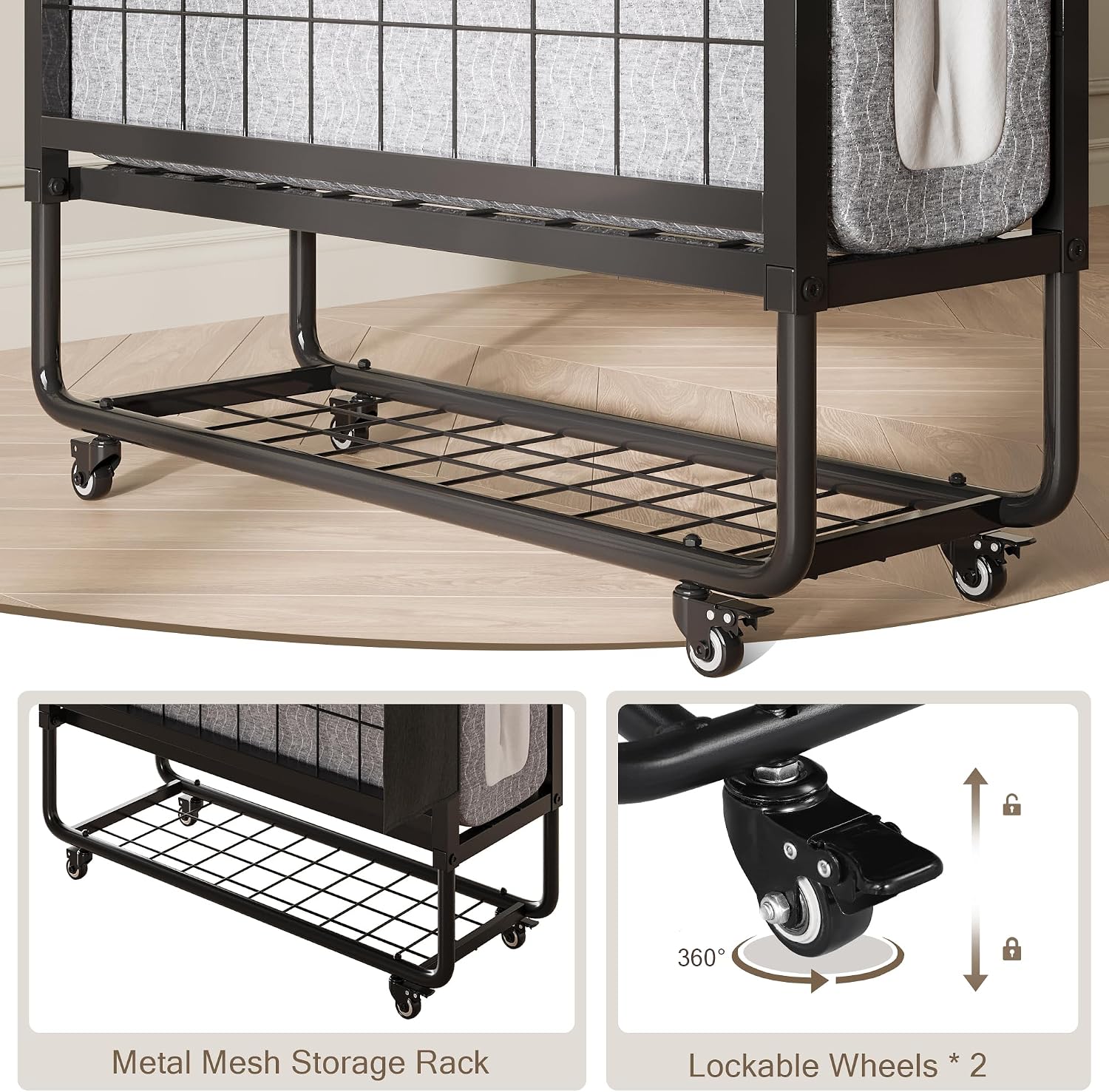 iPormis Folding Bed with Mattress, 76" x 38" Portable Foldable Bed with Side Pocket & Storage Shelf, Twin Rollaway Beds for Adults, Folded Up Beds w/Sturdy Metal Frame for Guestroom, Space Saving