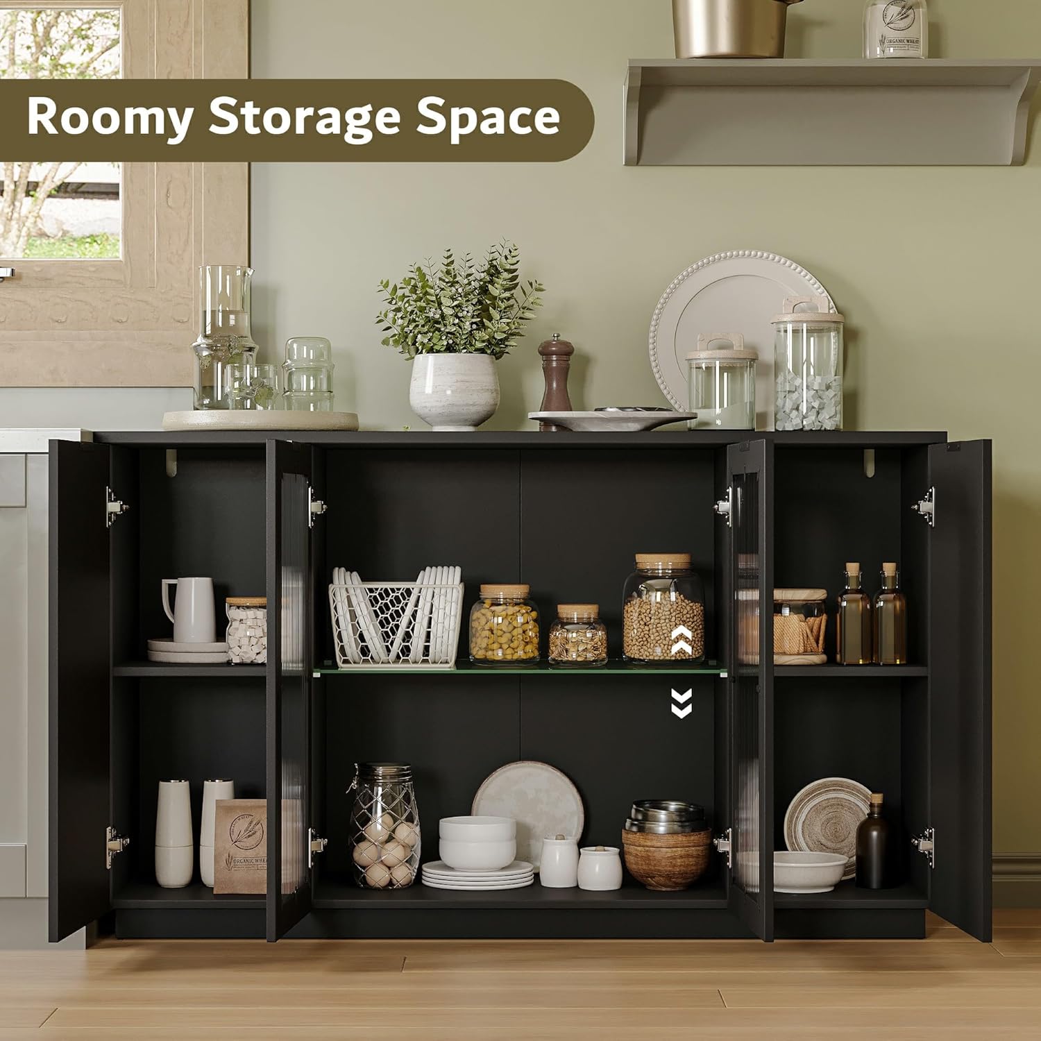 iPormis Sideboard Buffet Cabinet with Glass Doors & LED Lights, Fluted Credenza Storage Cabinet with Adjustable Shelves, 55" Modern Wood Coffee Bar for Kitchen Room Living Room Black