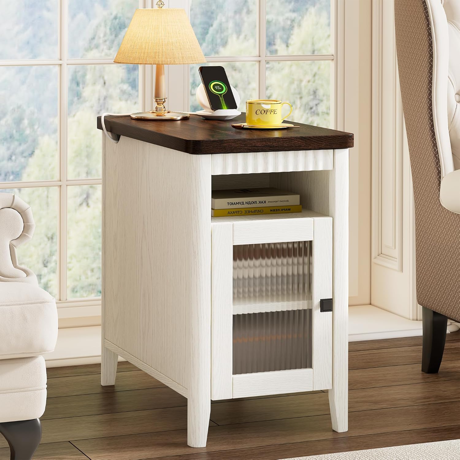 iPormis End Table with Charging Station, Narrow Side Table for Living Room, Farmhouse Night Stand with Storage Cabinet, Wood Bedside Table for Bedroom Small Space, White