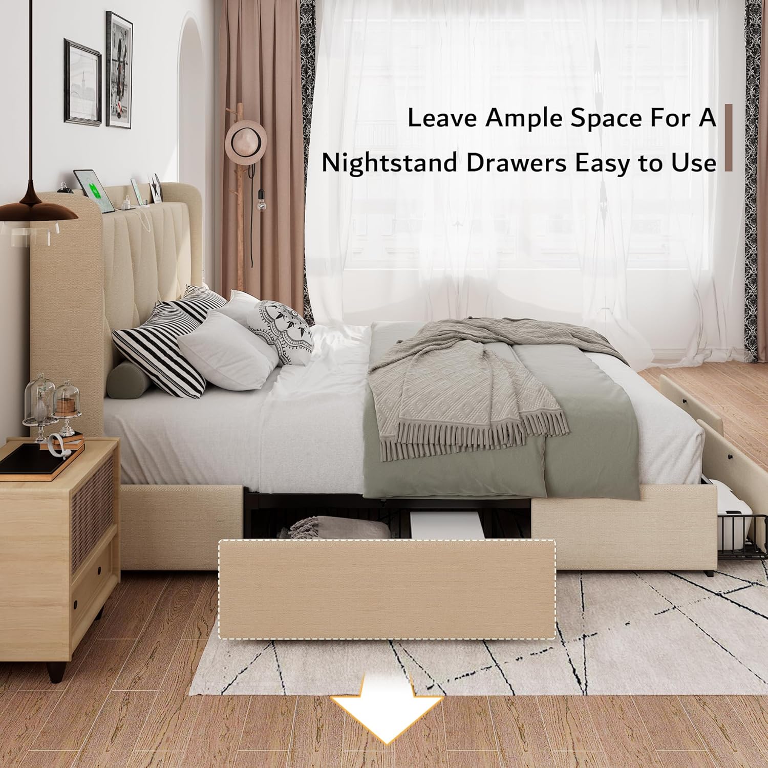 iPormis Queen Bed Frame with 4 Storage Drawers, Upholstered Platform Bed Frame with Charging Station, Modern Wingback Storage Headboard, Easy Assembly, Beige
