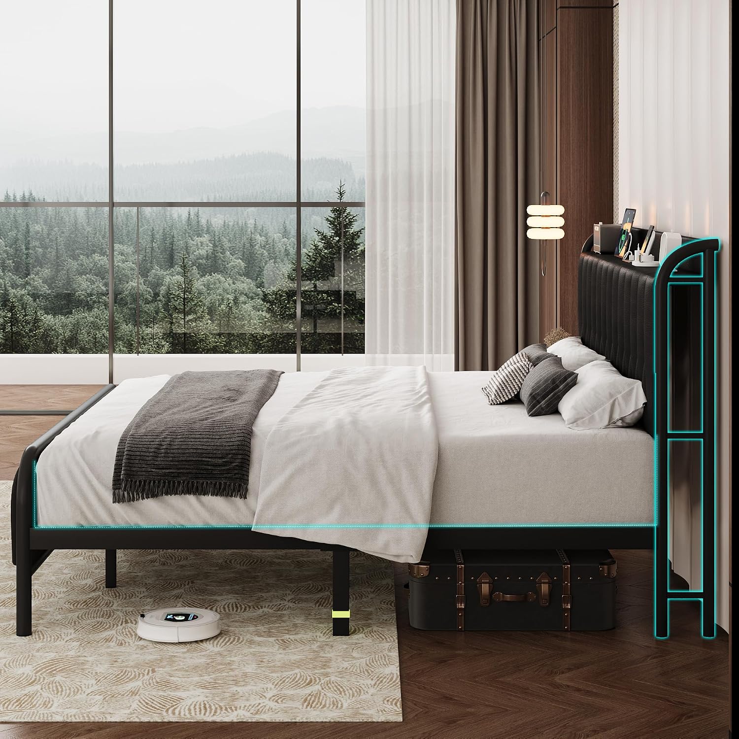 iPormis Metal Bed Frame Queen Size with Charging Station, Velvet Upholstered Headboard and Footboard, Heavy Duty Steel Support, 12" Under Bed Storage, No Box Spring Needed, Easy Assembly, Dark