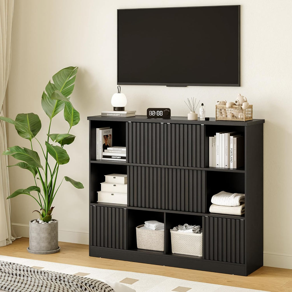 iPormis Bookcase 12 Cube Storage Organizer - 6 Fluted Sliding Doors, 3-Tier Wooden Bookshelf, 47.2” Freestanding Bookcase Shelf for Home/Office, Semi-Open Bookshelves, Black
