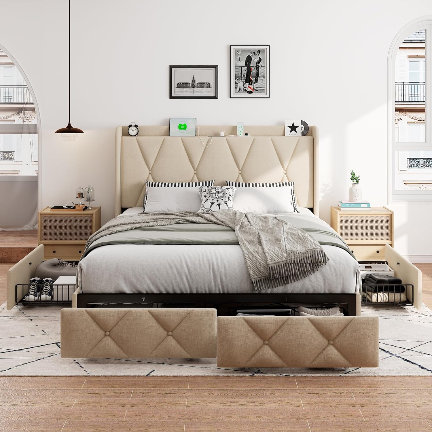 iPormis Queen Bed Frame with 4 Storage Drawers, Upholstered Platform Bed Frame with Charging Station, Modern Wingback Storage Headboard, Easy Assembly, Beige