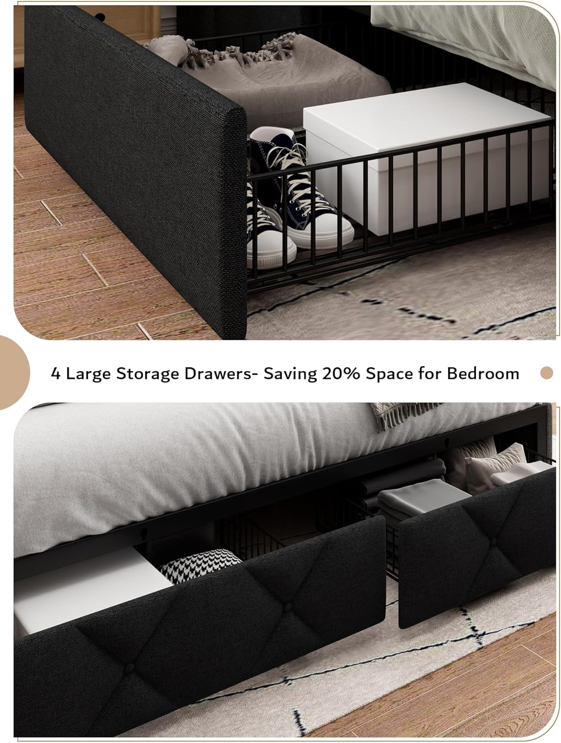 iPormis Queen Bed Frame with 4 Storage Drawers, Upholstered Platform Bed Frame with Charging Station, Modern Wingback Storage Headboard, Easy Assembly, Black