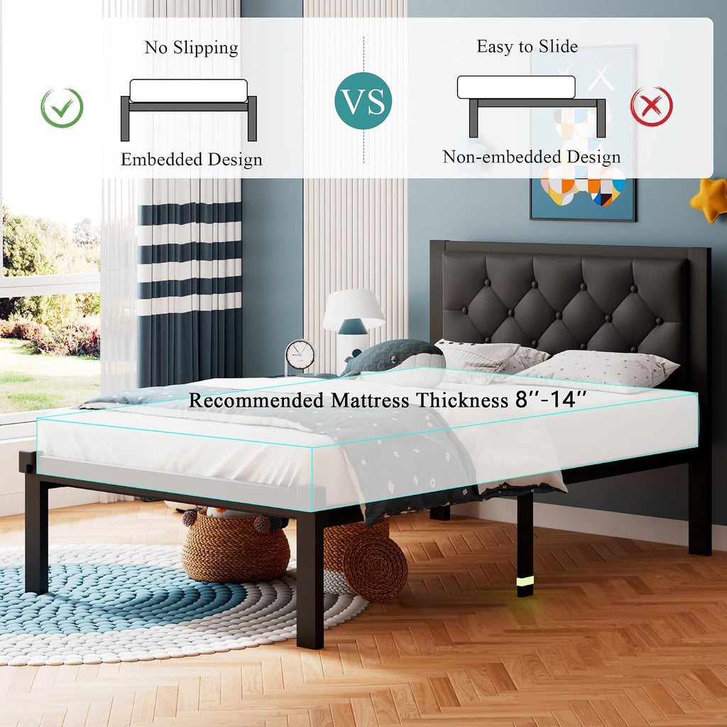 iPormis Twin Size Metal Bed Frame, Faux Leather Platform Bed Frame with Button Tufted Headboard, 12" Underbed Space, Steel Slats Support, Easy Assembly, No Box Spring Needed, Black