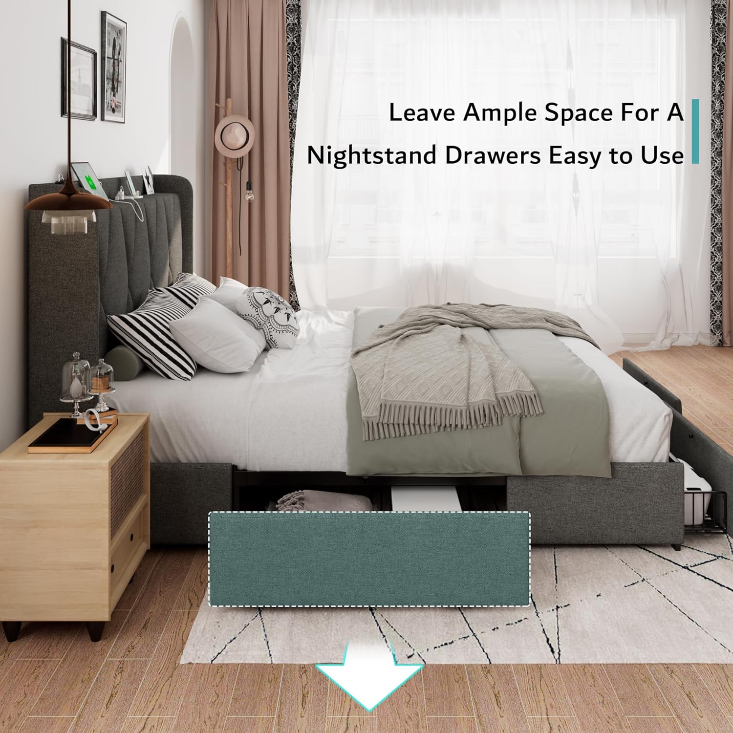 iPormis Queen Bed Frame with 4 Storage Drawers, Upholstered Platform Bed Frame with Charging Station, Modern Wingback Storage Headboard, Easy Assembly, Dark Grey