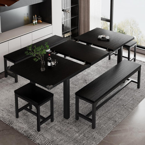 iPormis 5-Piece Dining Table Set for 4-8 People, Extendable Kitchen Table Set with 2 Benches and 2 Square Stools, Mid-Century Dining Room Table with Metal Frame & MDF Board, Saving Space, Black